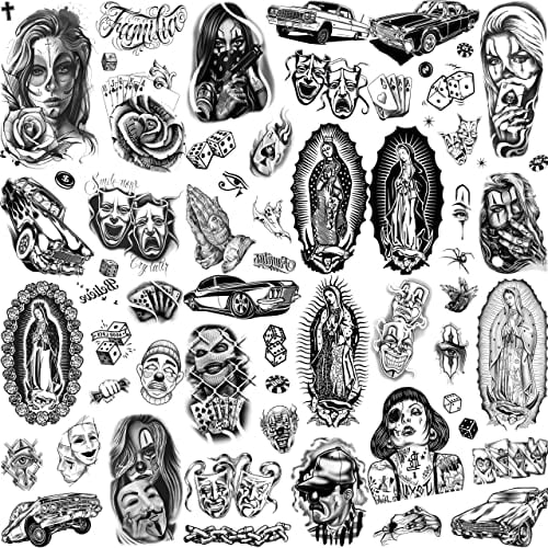 TASROI 6 Sheets Large Chicano Temporary Tattoos For Men Women Adult, Chicana Guadalupe Gangster Temp Fake Tattoos Prisoner Day of the Dead, Halloween Mexico Tattoo Stickers Tatuajes Temporales Autocol - Walmart.com